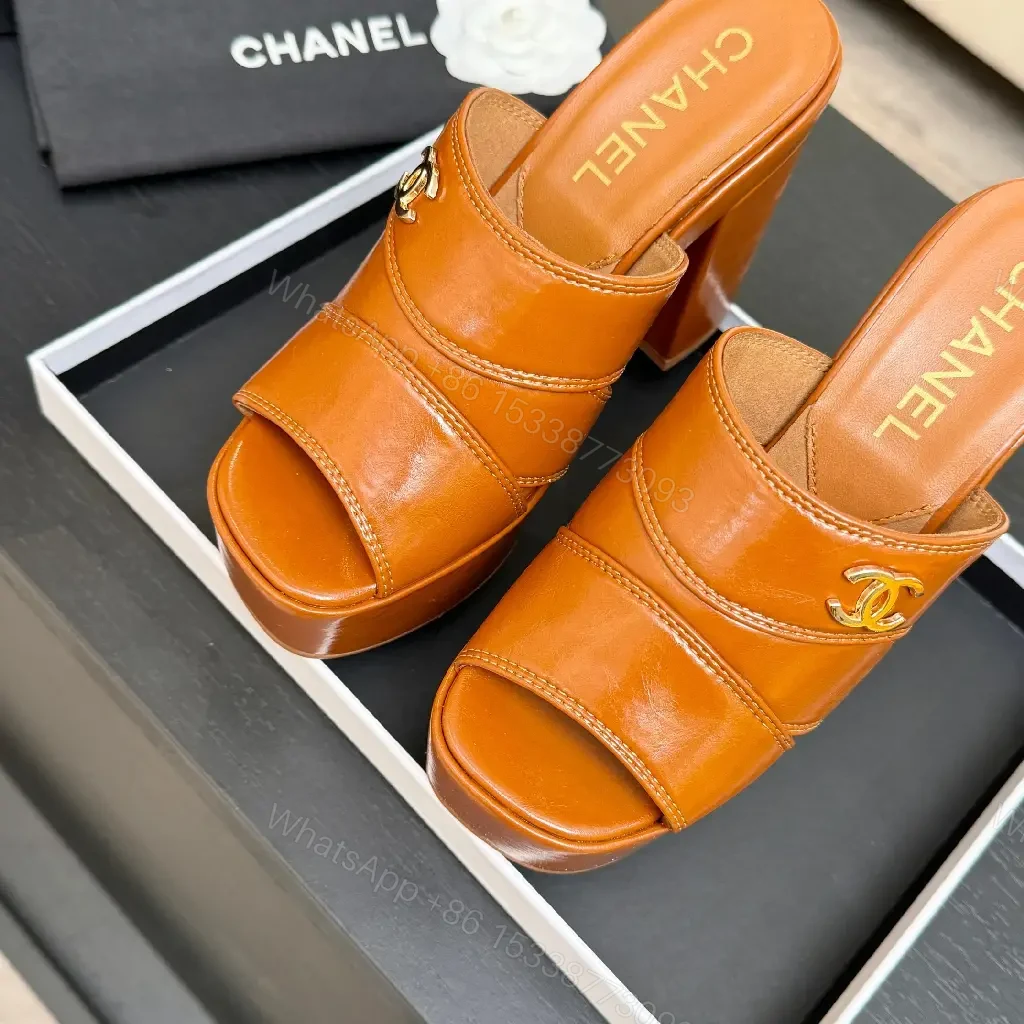 View 3 of Chunky Leather Mules with Logo Detail, Platform Heel, Open Toe