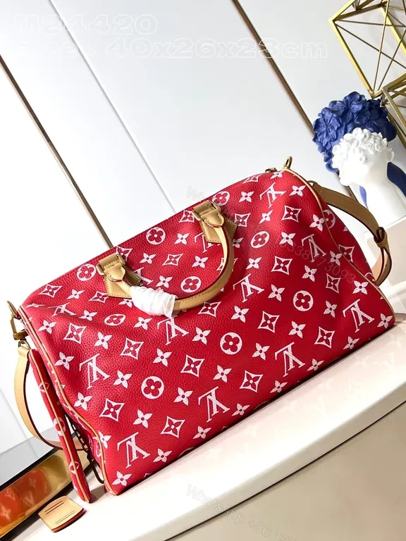 View 5 of Bold Red Satchel: LV-Inspired Monogram Pattern Carryall