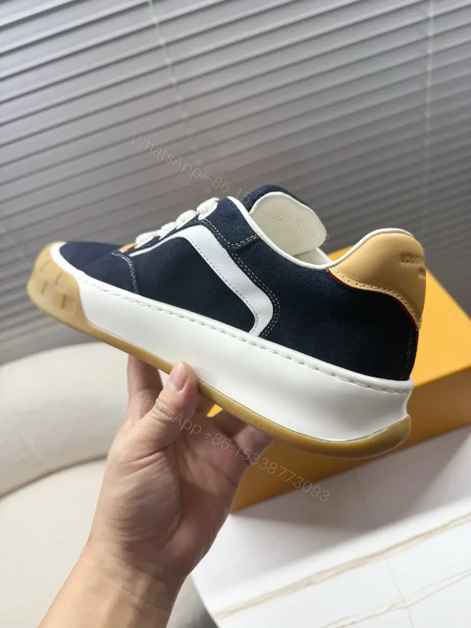 View 9 of Navy Suede Luxe Sneaker: Cream Accents, Gum Sole, High-Top