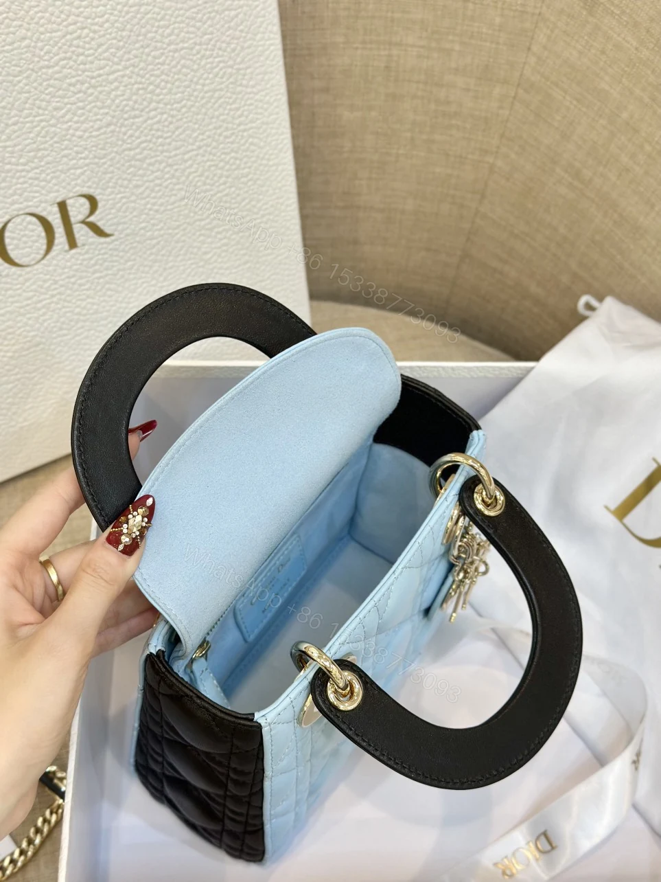 View 2 of Dior Lady Mini Handbag for Women Ice Blue Super Quality Cowhide 18cm