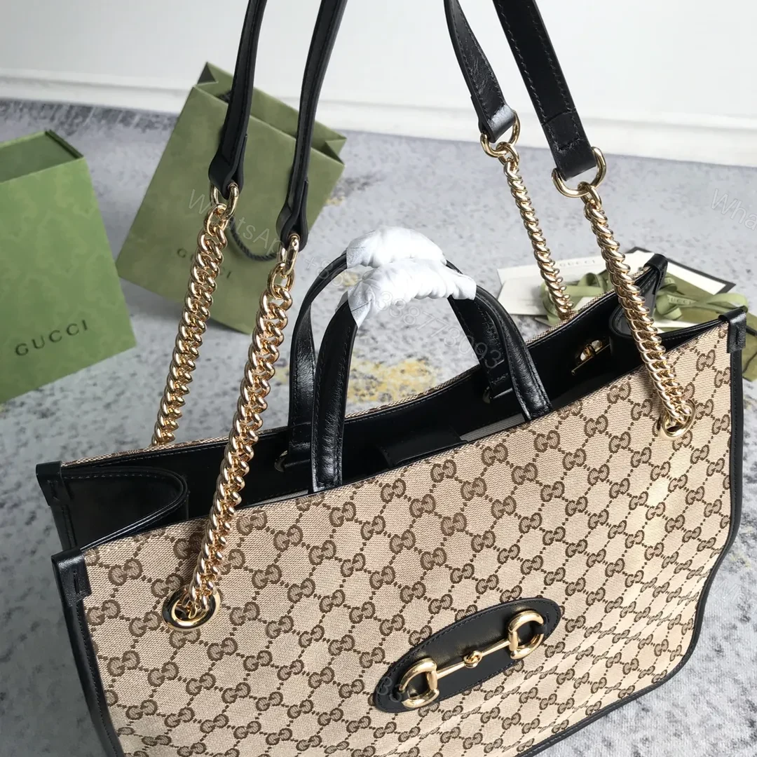View 5 of Gucci Brown Large GG Canvas 1955 Horsebit Chain Tote Beige
