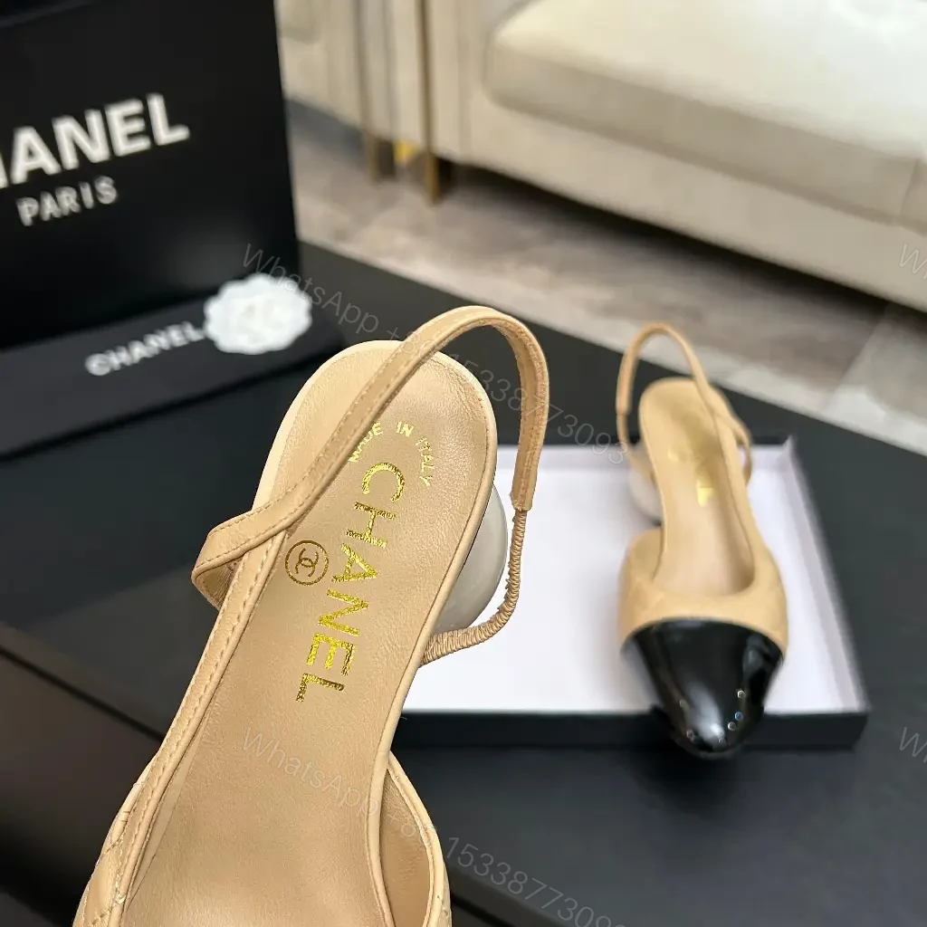 View 3 of Quilted Nude Slingback Pumps with Black Cap Toe and Spherical Heel