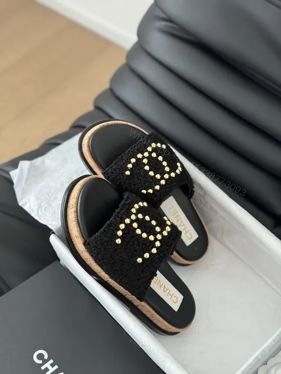 View 7 of Chanel-Inspired Black Knit Slides with Gold Logo Accents