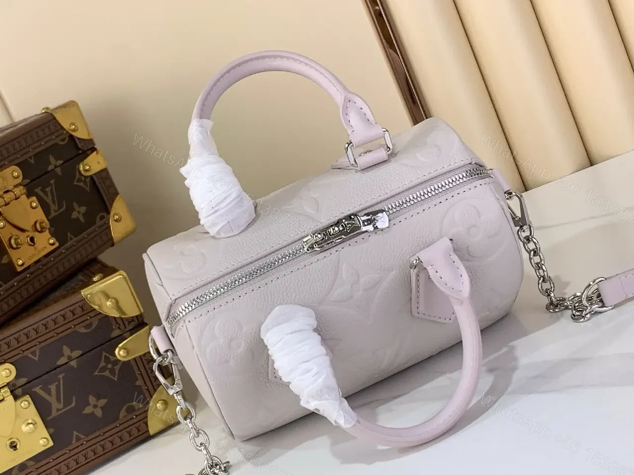 View 2 of Light Lavender Louis Vuitton-Style Dome Handbag with Chain Strap
