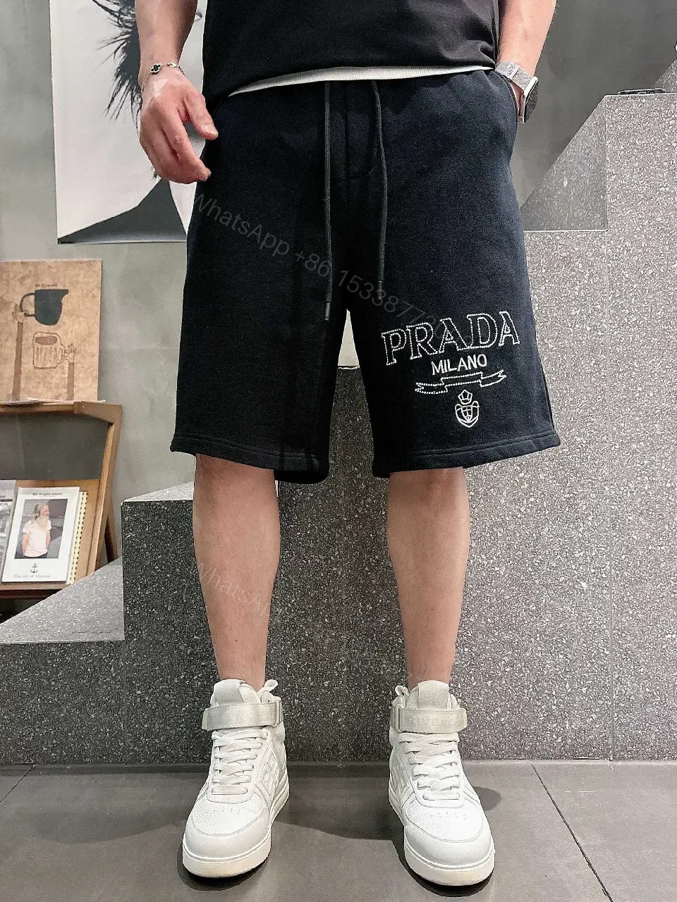 View 9 of Black Cotton Shorts Prada Logo Casual Style with Drawstring