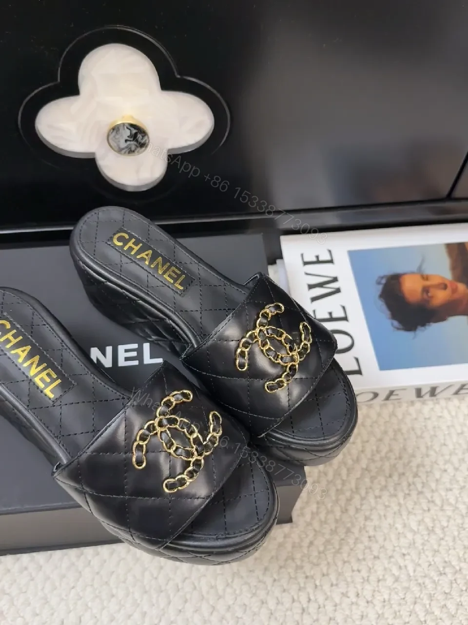View 5 of Chic Quilted Mules: Black Vegan Leather, Gold Logo Slide