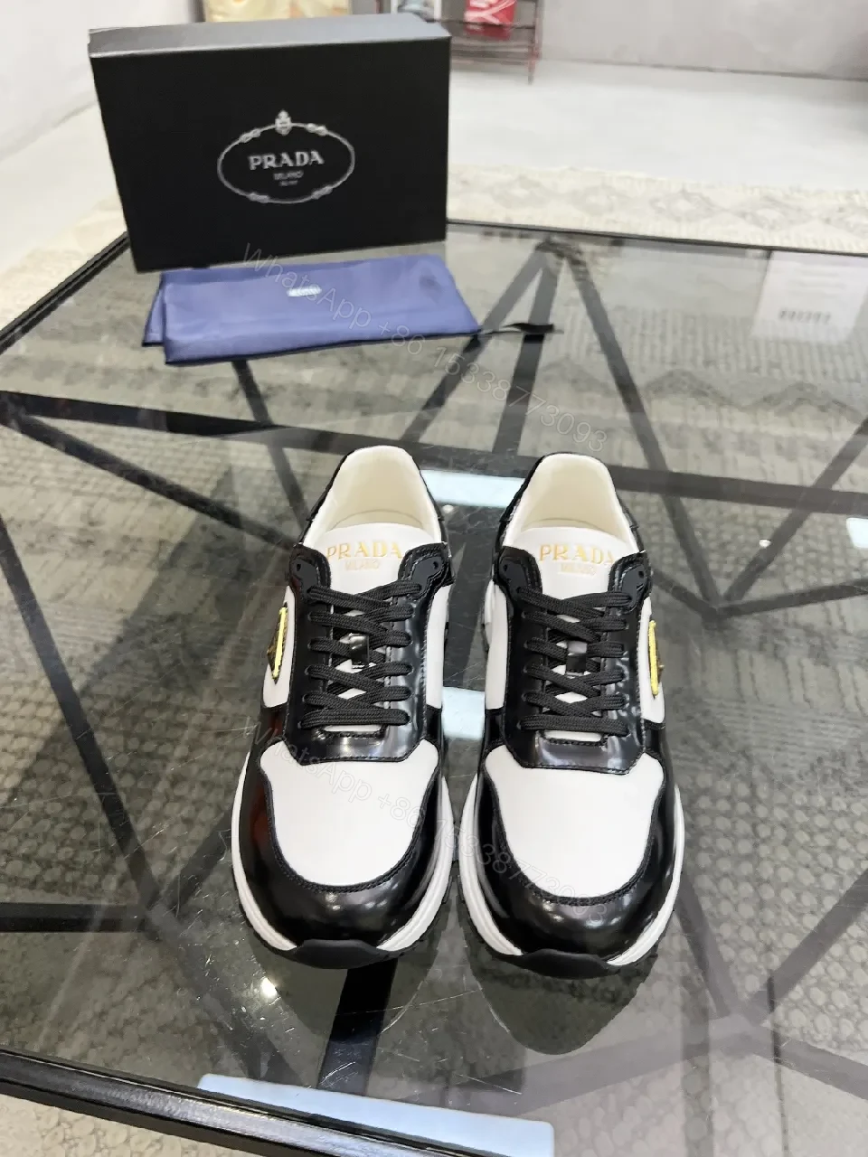 View 8 of Black & White Leather High-Tops with Prada Detailing - Luxe Comfort