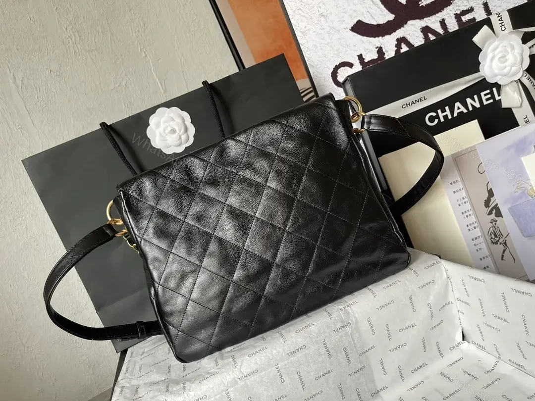 View 8 of Quilted Black Leather Satchel with Gold Chain Accent