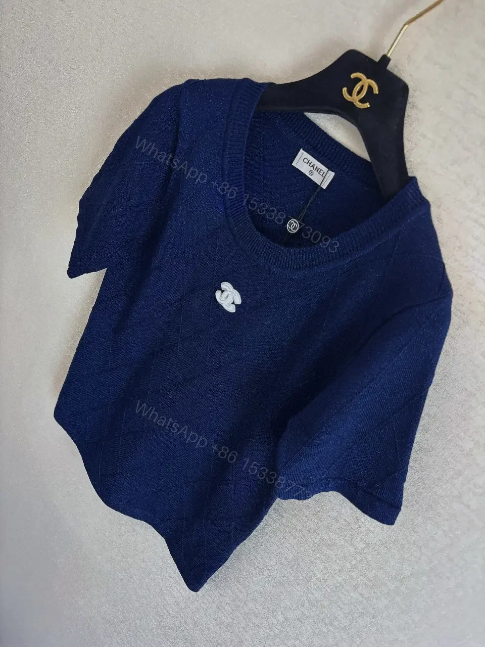 View 5 of Navy Knit Tee with Quilted Texture and Subtle Crest
