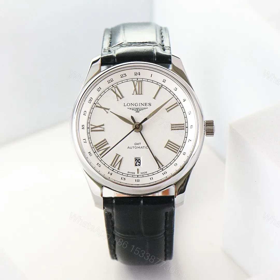 Longines Master Classic Reproduction GMT Dual Time Watch White Dial Black Leather Strap Roman Numerals — view 1