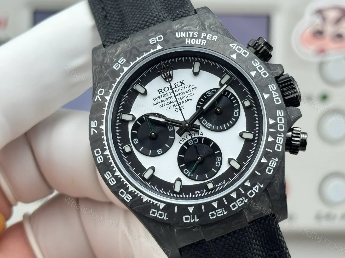 View 4 of Rolex Daytona Carbon Fiber Panda Replica 40MM Premium Black Fabric Strap R74-PANDA-BLACK