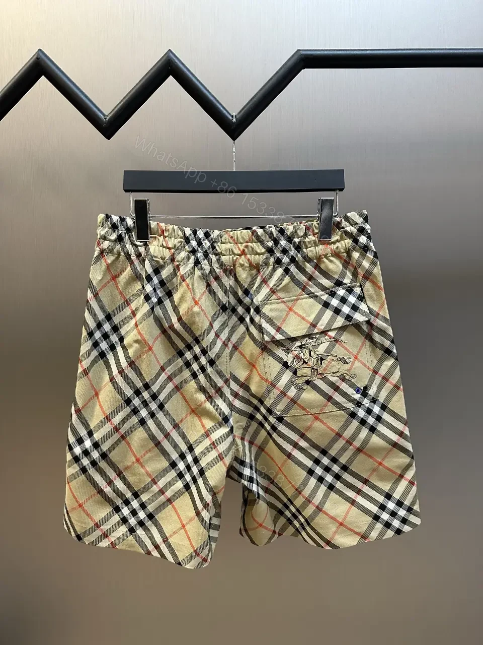 View 5 of Beige Burberry-Style Cotton Plaid Shorts with Drawstring Elastic Waist