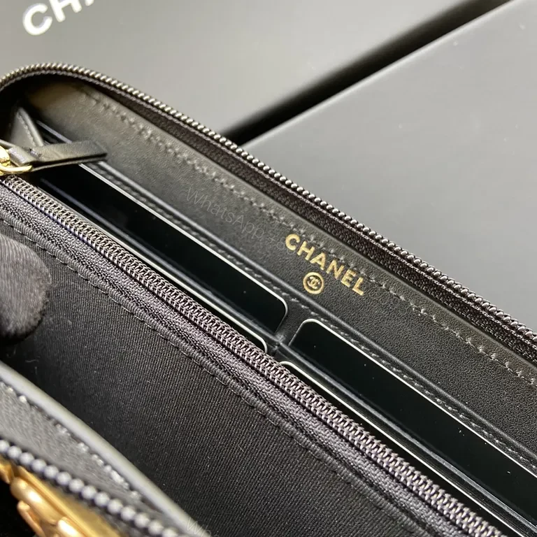 View 5 of Black Quilted Leather Wallet with Gold Chanel Hardware, Slim & Elegant