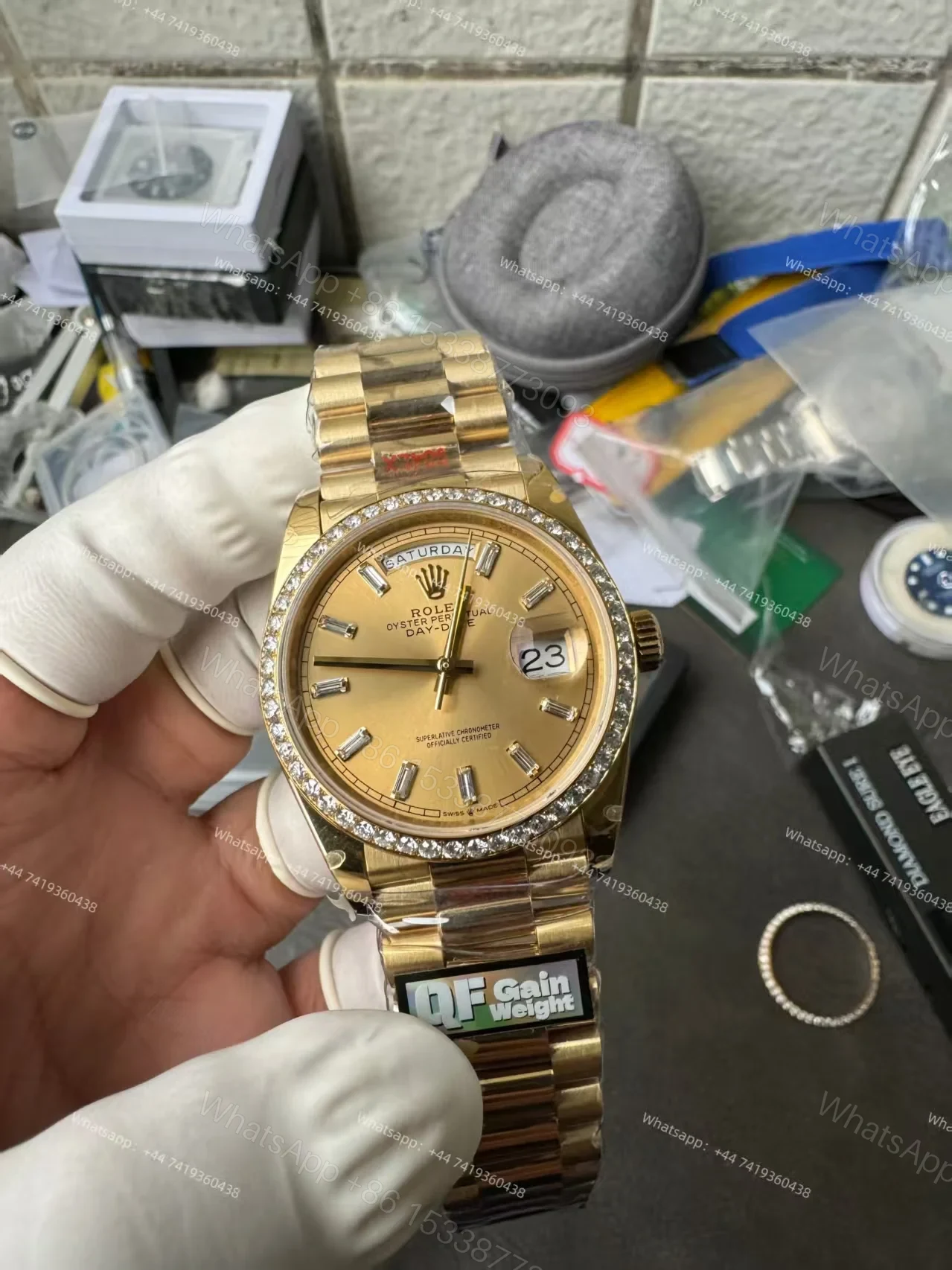 Rolex Day-Date M228348RBR-0002 1:1 Replica Moissanite Bezel Gold Dial 40MM 3255 Movement Super Clone Watch — view 1