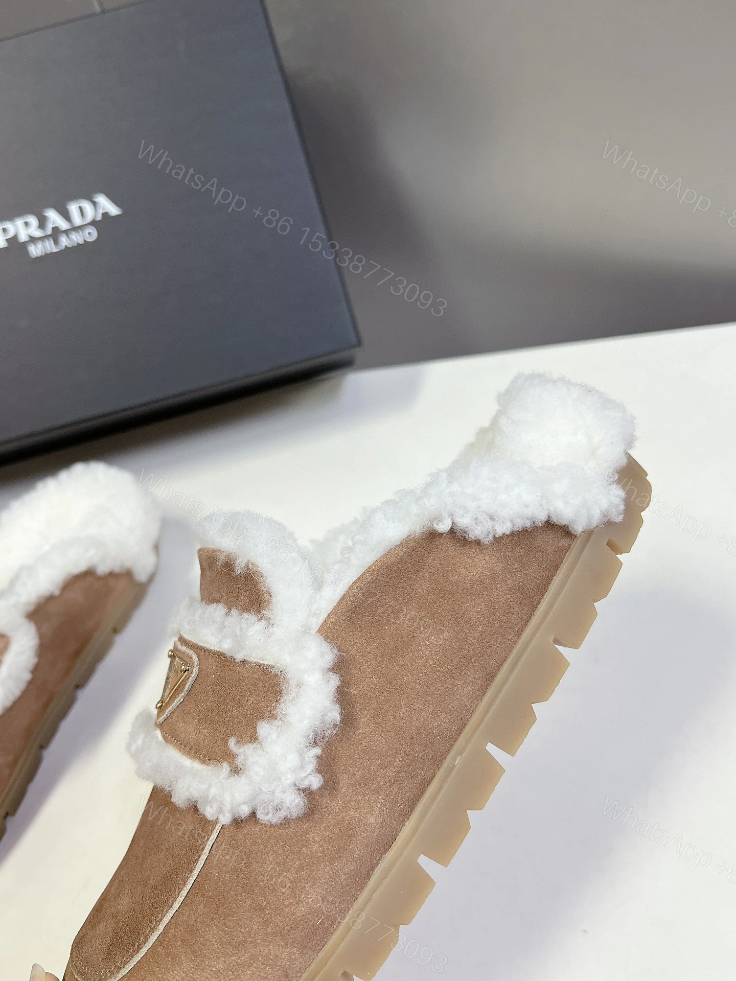 View 9 of PRADA SUEDE AND SHEARLING SLIPPERS ECRU 1S711M X0O F0379 F ZG20