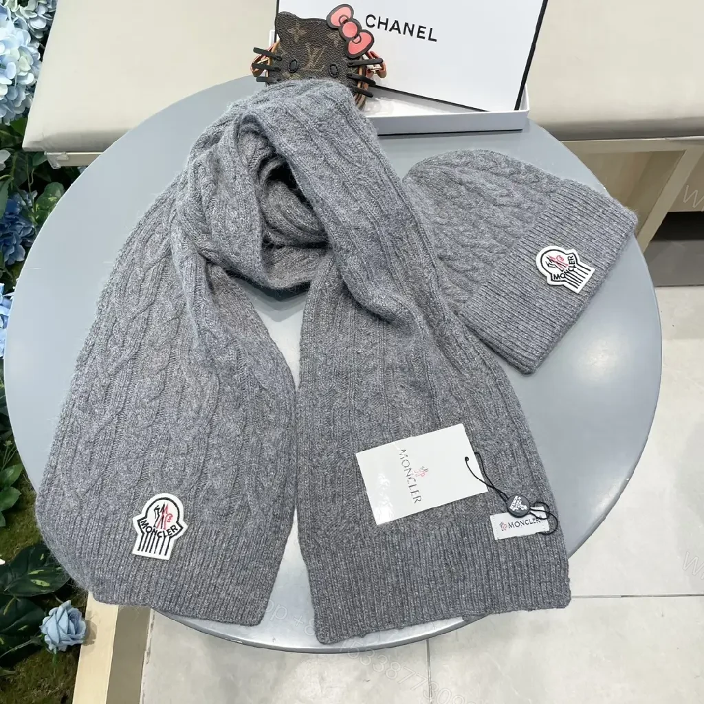 View 7 of Gray Cable-Knit Scarf & Beanie Set — Luxe Warmth, Subtle Moncler-Inspired Detail