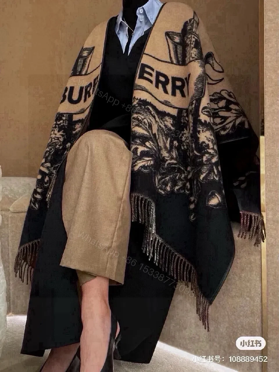 View 9 of Camel & Black Wool-Blend Fringe Wrap Cardigan