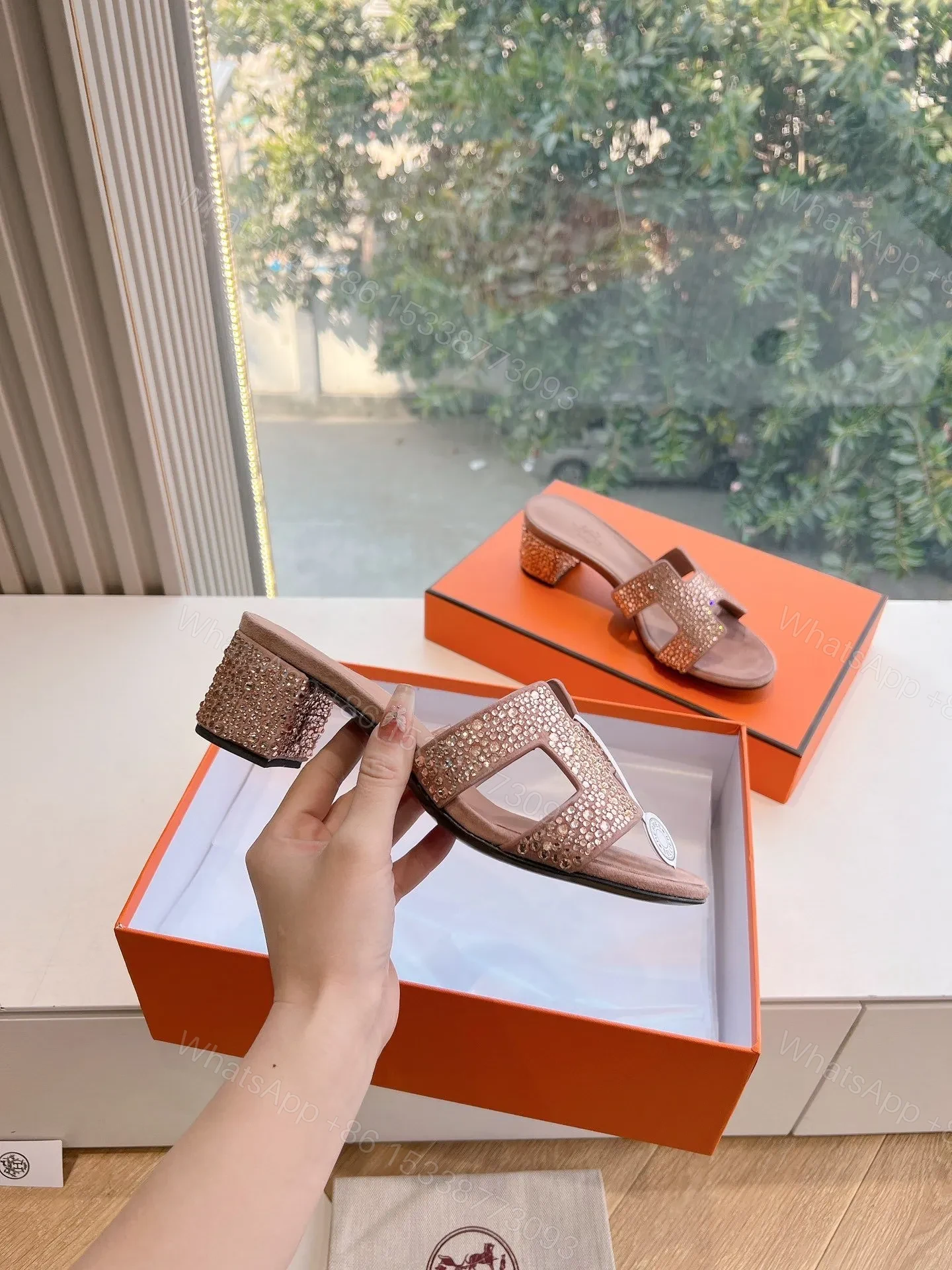 View 5 of Hermes Women Pink Suede Crystal-Embellished Mules