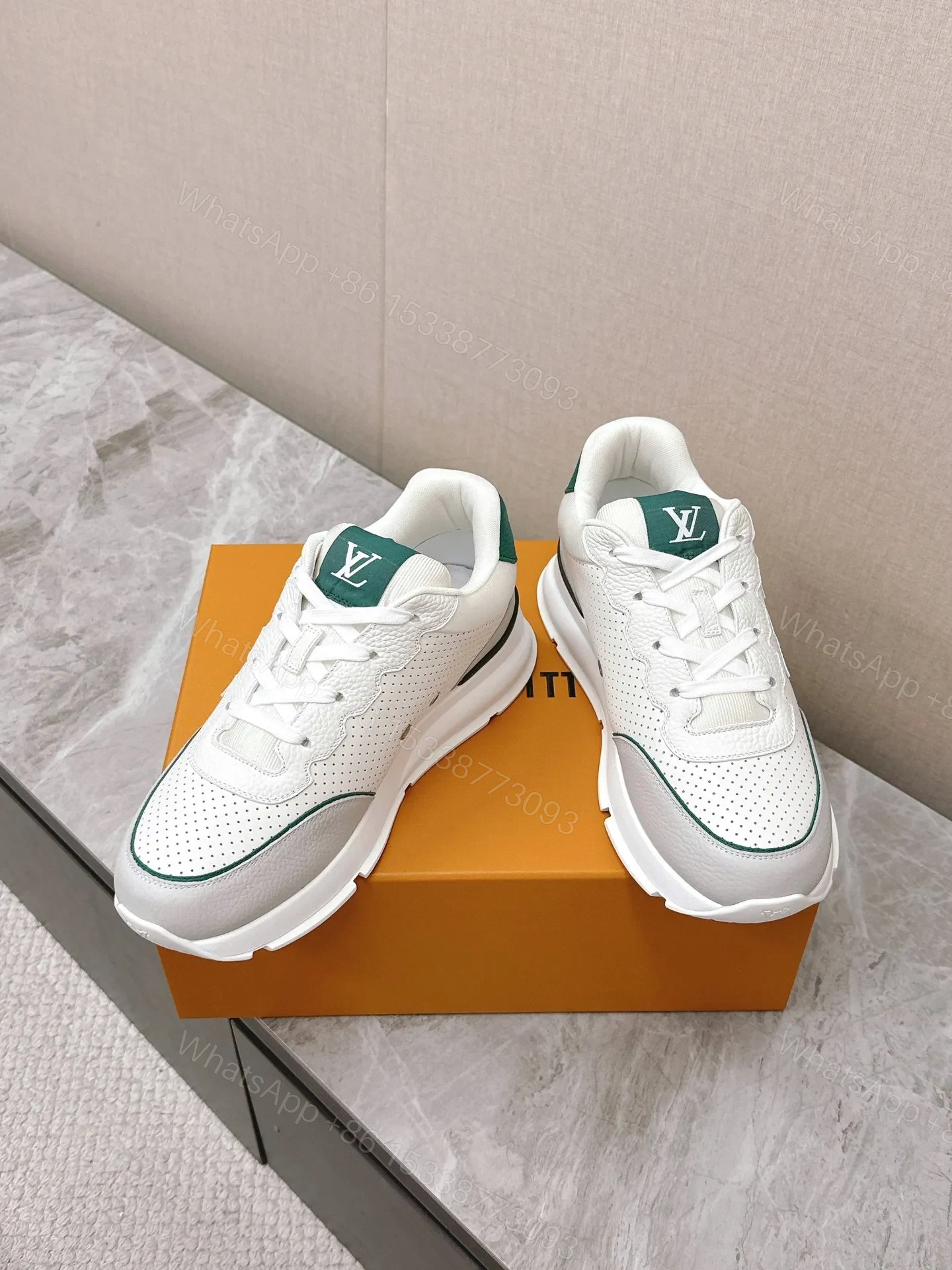 View 6 of LV Women White Leather Green Accent Sneakers