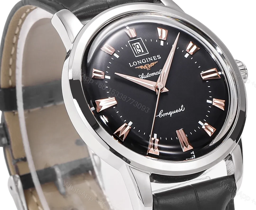 View 6 of Longines Conquest Classic Re Edition Cyclops Watch Black Dial with Gold Markers 40mm Stainless Steel Case Italian Leather Strap