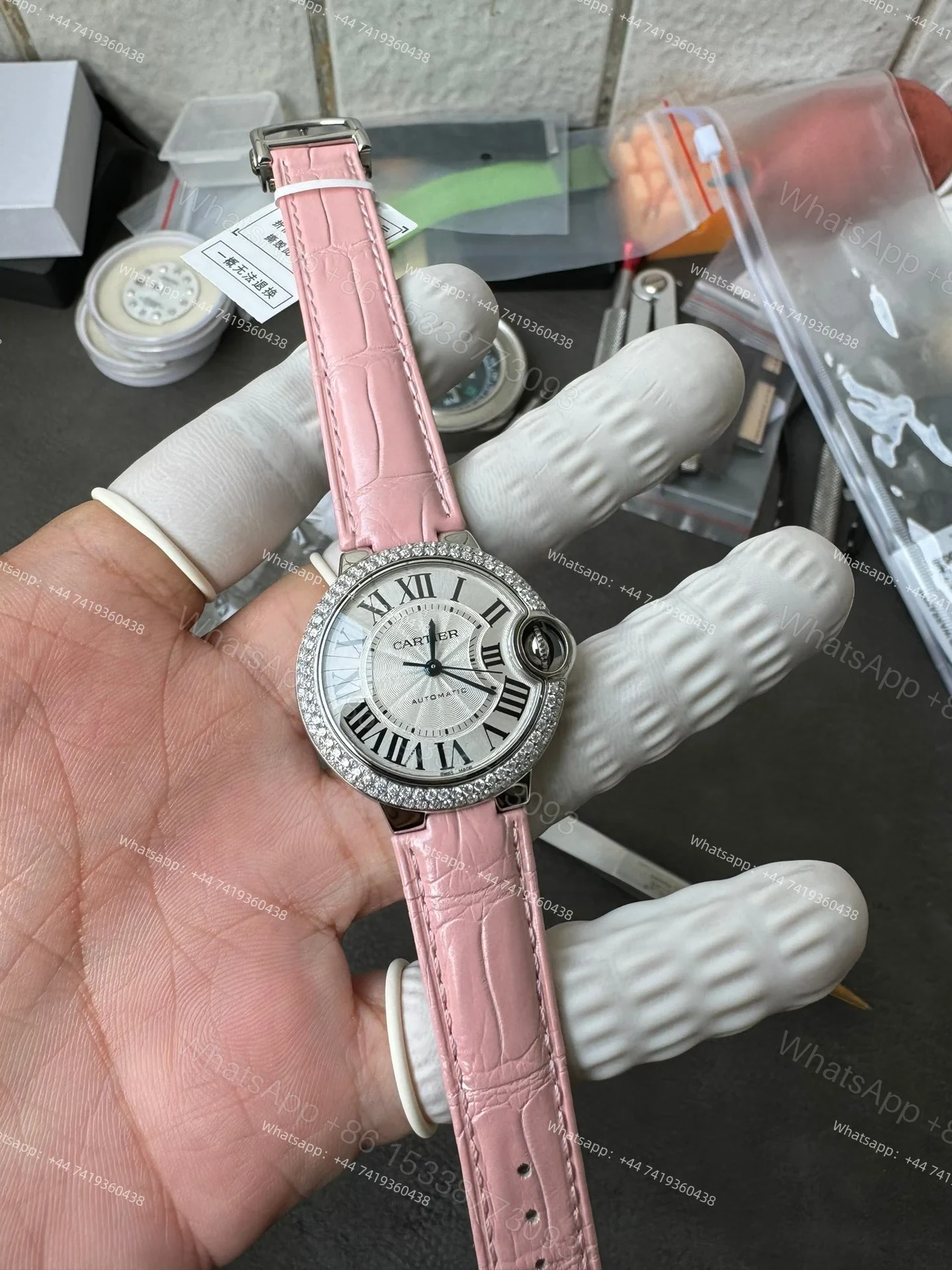 View 13 of Cartier Super Clone Ballon Bleu Diamond Bezel 33MM Pink Leather Strap