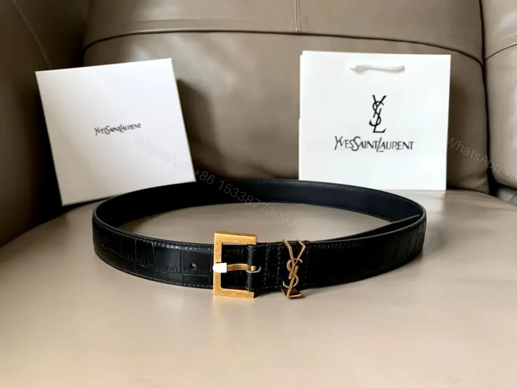 View 4 of Crocodile-Texture Belt with Signature Gold YSL Buckle