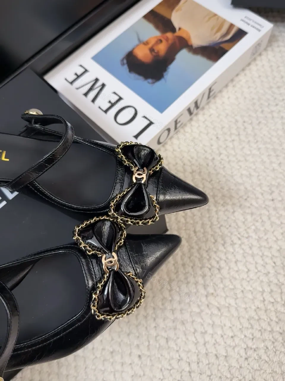 View 3 of Chic Black Patent Mule with Chain Bow Detail, Luxe Style