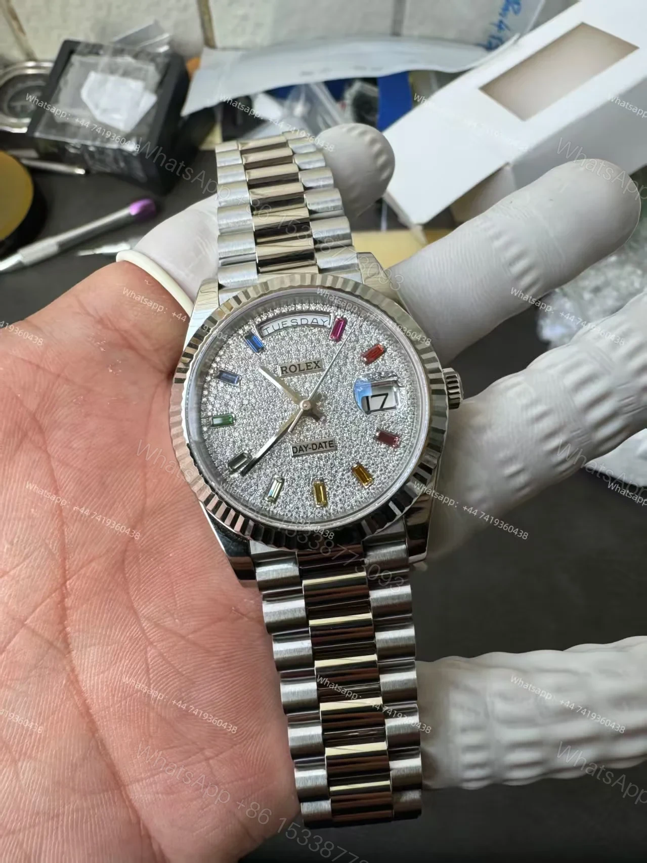 View 6 of Rolex Day-Date M128239-0019 1:1 Replica Moissanite Rainbow Diamond Dial 36MM 3255 Movement Presidential Bracelet Super Clone Watch