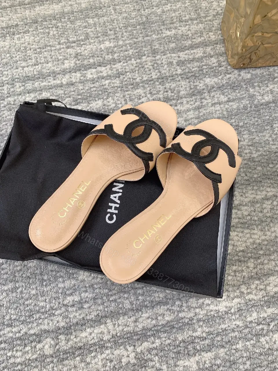 View 5 of Tan Leather Slip-Ons with Logo Detail – Everyday Luxe Sandals