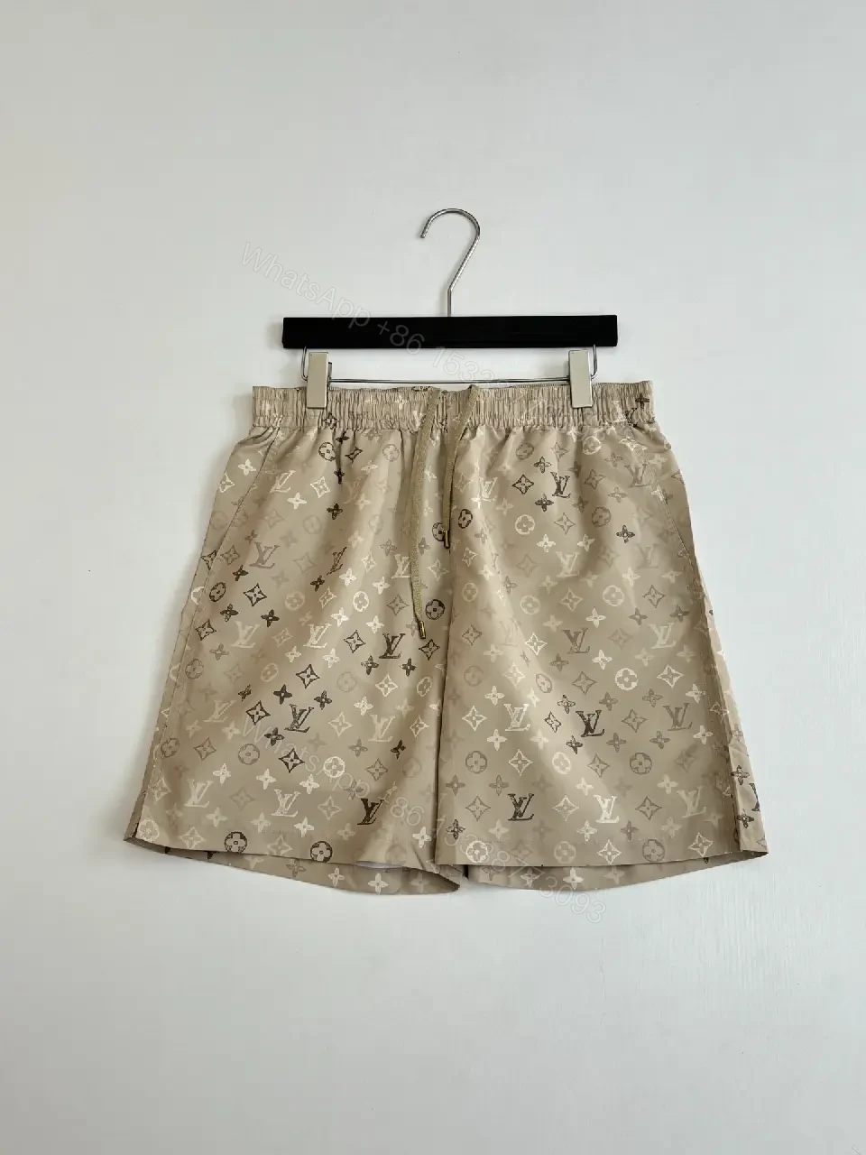 View 4 of Beige LV Monogram Print Linen Shorts Casual Comfort Jogger shorts