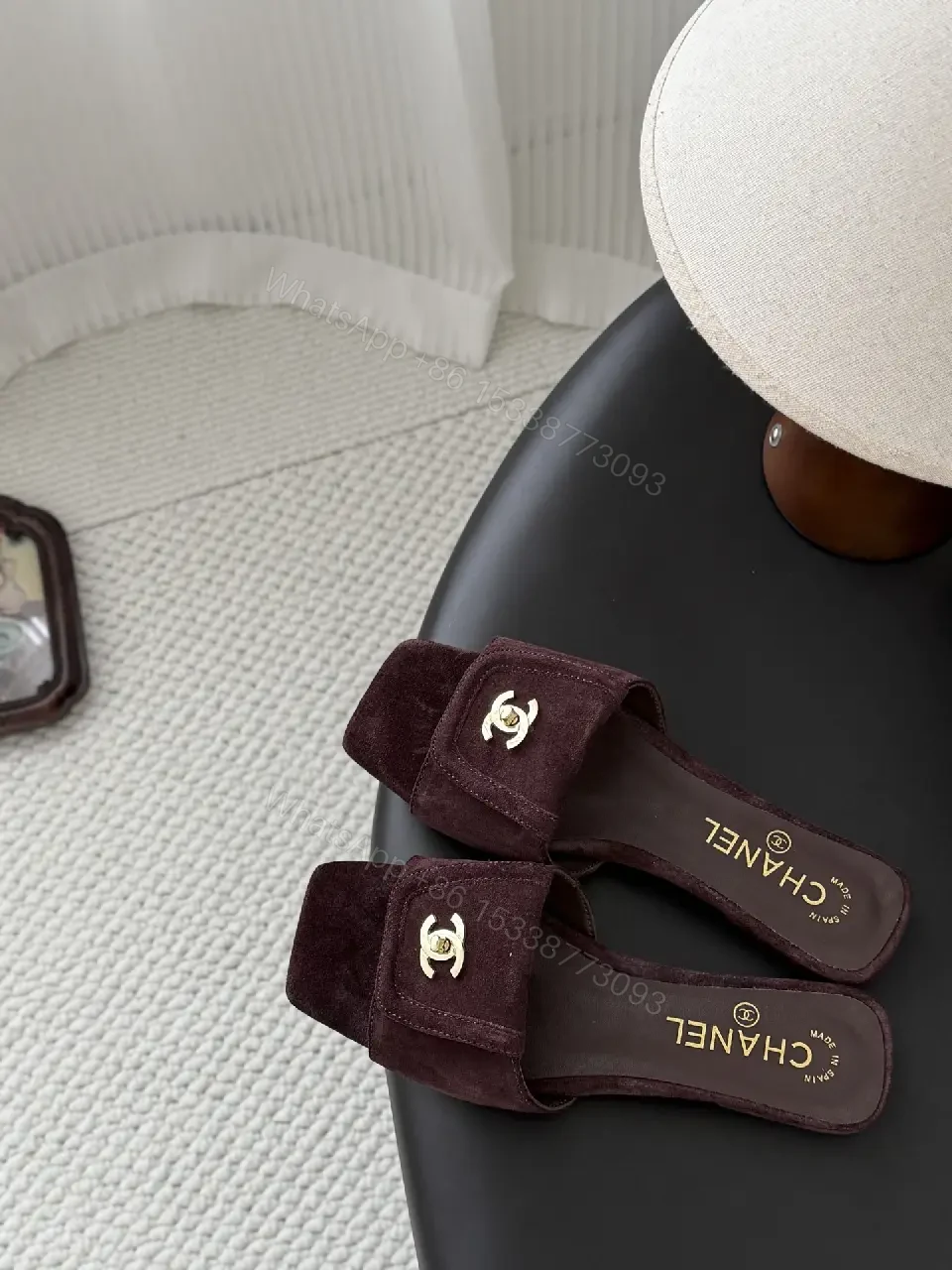 View 9 of Suede Mules with Gold Logo Hardware — Burgundy, Square-Toe, Cushioned Comfort