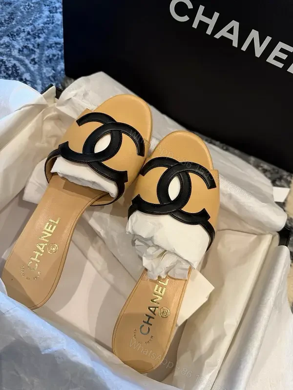 Beige Leather Slide Signature Chanel Logo Sandals — view 1