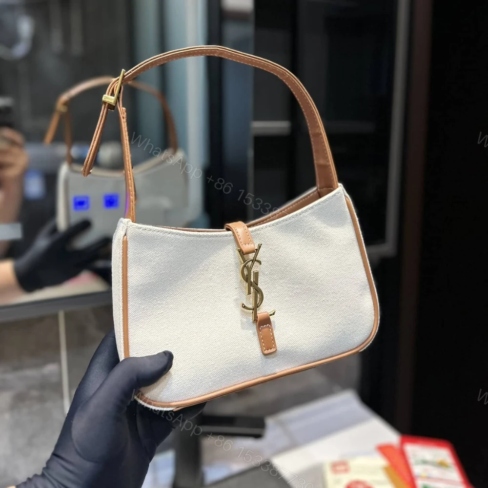 View 3 of Saint Laurent Le 5 À 7 Linen Canvas Hobo Bag White And Brown 25Cm 657228FAAVH