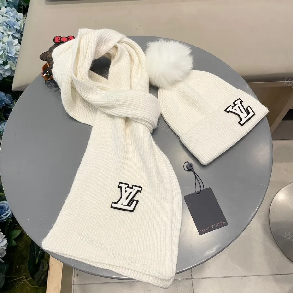 View 8 of White Knit Beanie & Scarf Set - Plush Warmth, Subtle Logo