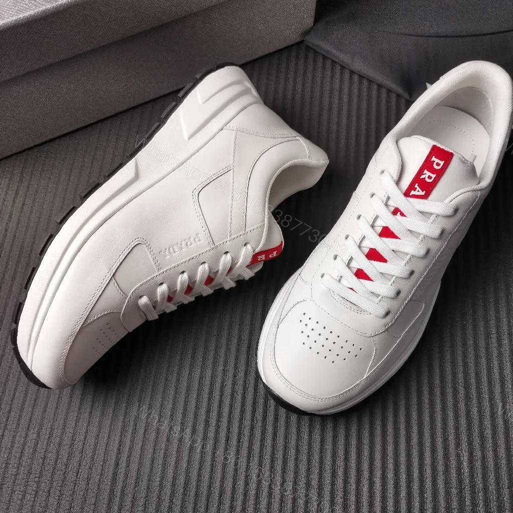 View 5 of Minimalist White Leather Trainers with Red Accent - Modern Comfort Lux
