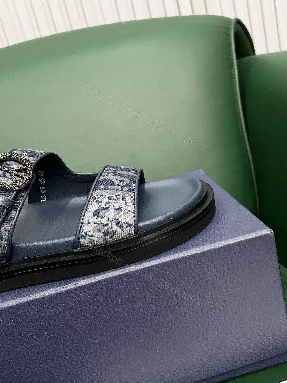 View 2 of Denim-Textured Buckle Sandals: Couture-Comfort Slides