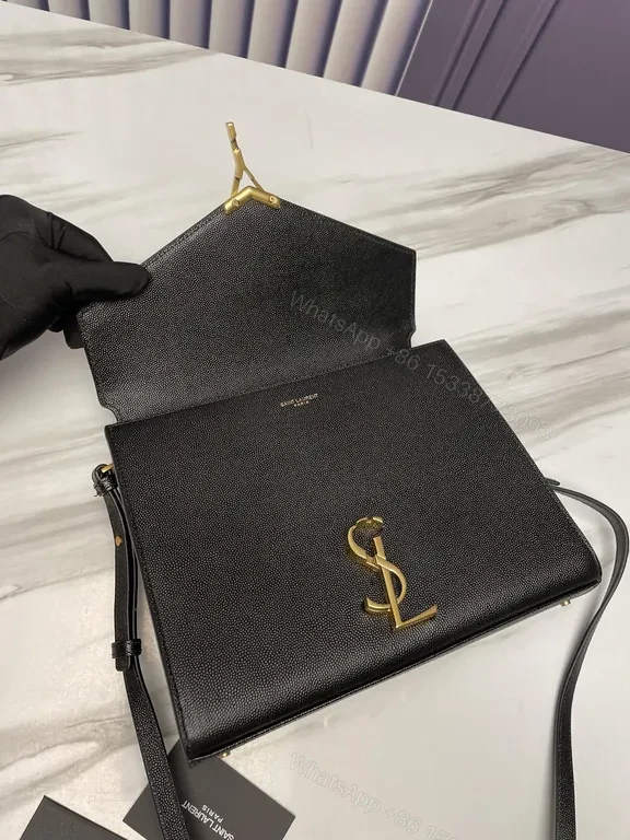 View 3 of Black Pebbled Leather Flap Bag - Gold Logo, Structured Chic Bag