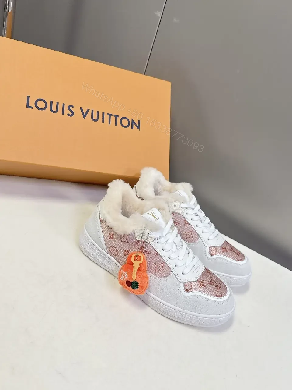 View 6 of White Leather + Shearling Mid-Top Sneakers + Luxe Monogram + All-Day Warmth + Sneakers