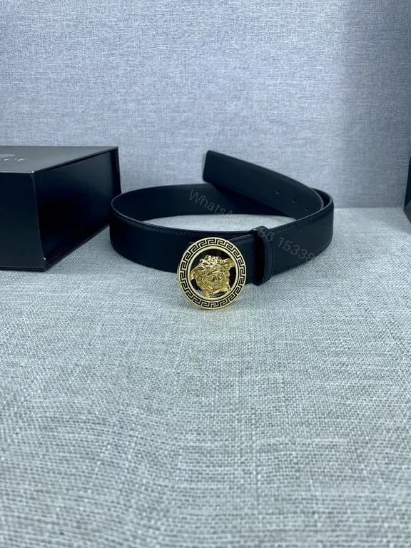 View 8 of Slim Black Leather Belt with Gold Medusa Buckle - Versace Style Belt