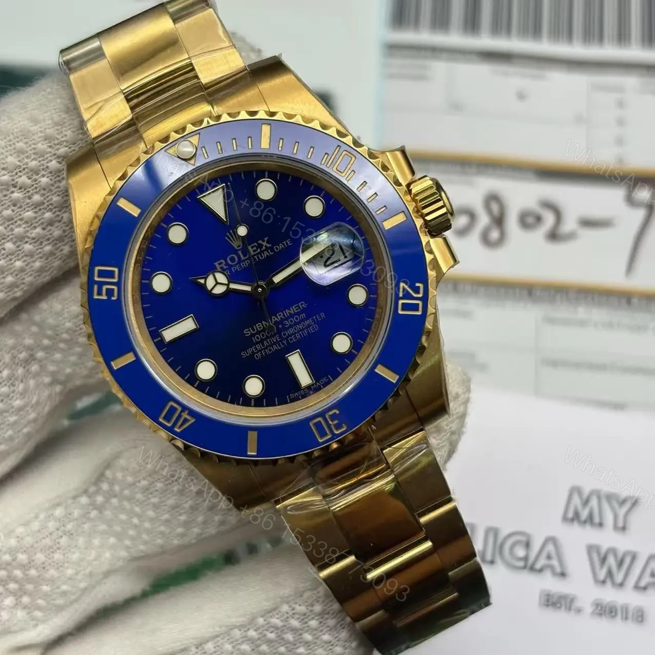 View 2 of Rolex Submariner Full Gold Blue Dial Swiss Clone Replica