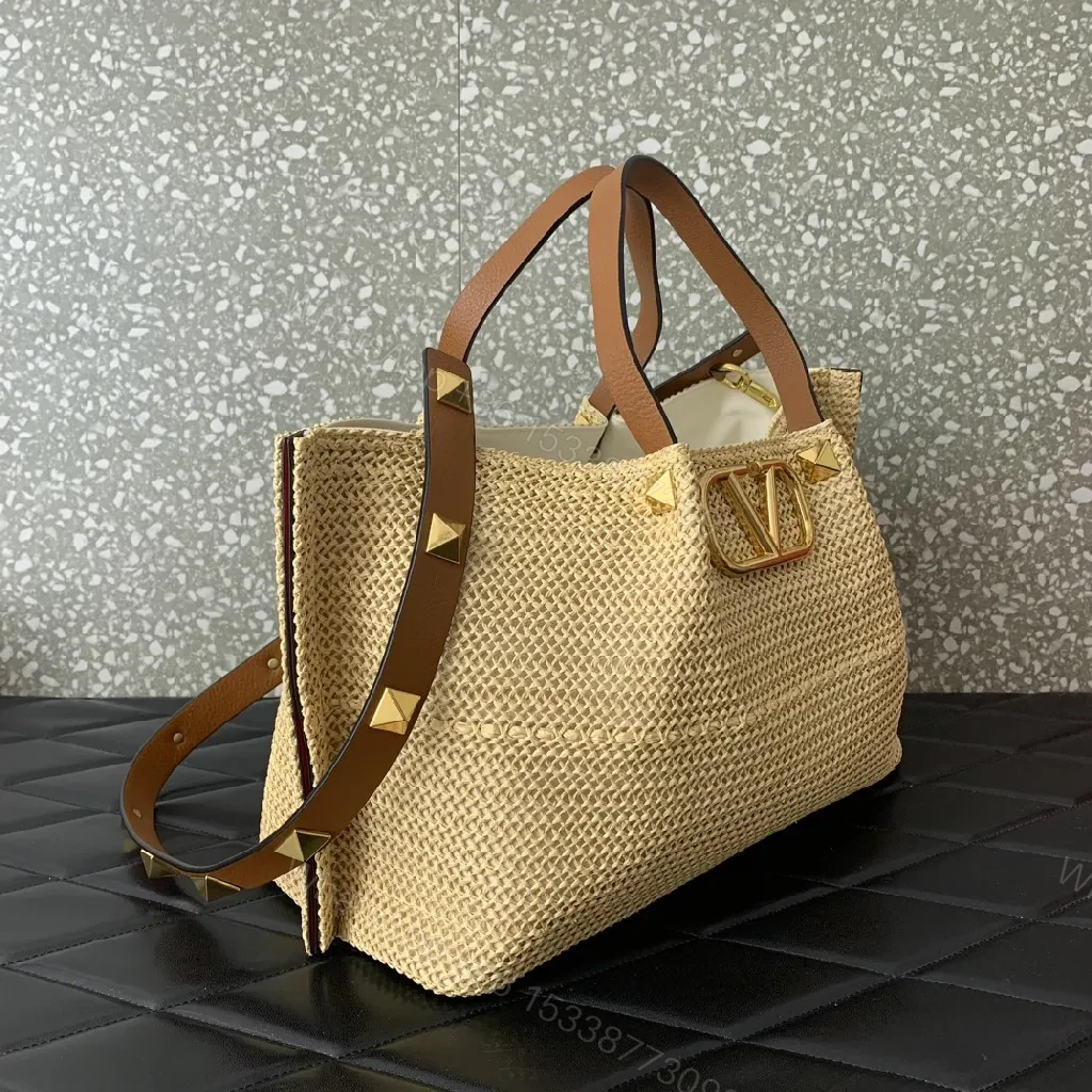 View 6 of Gleaming Straw Tote with Gold Crest, Everyday Luxe