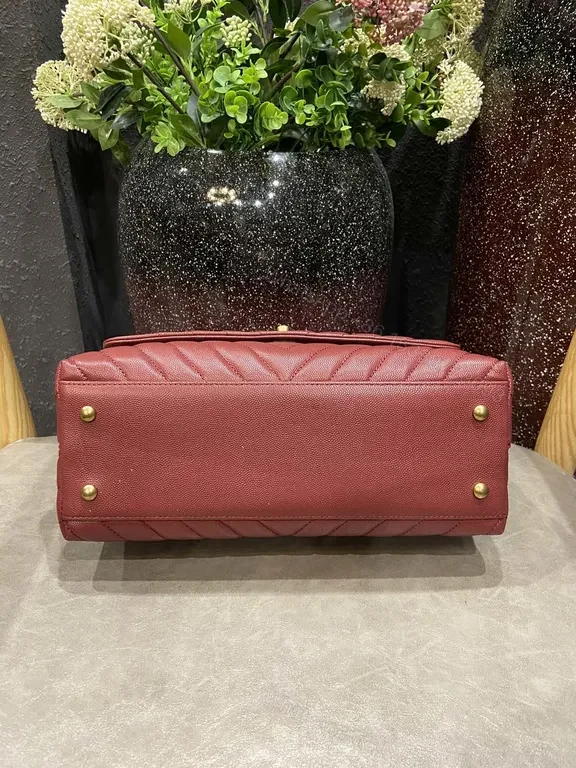 View 8 of Burgundy Chevron Leather Handbag with Gold Emblem Chanel-Inspired