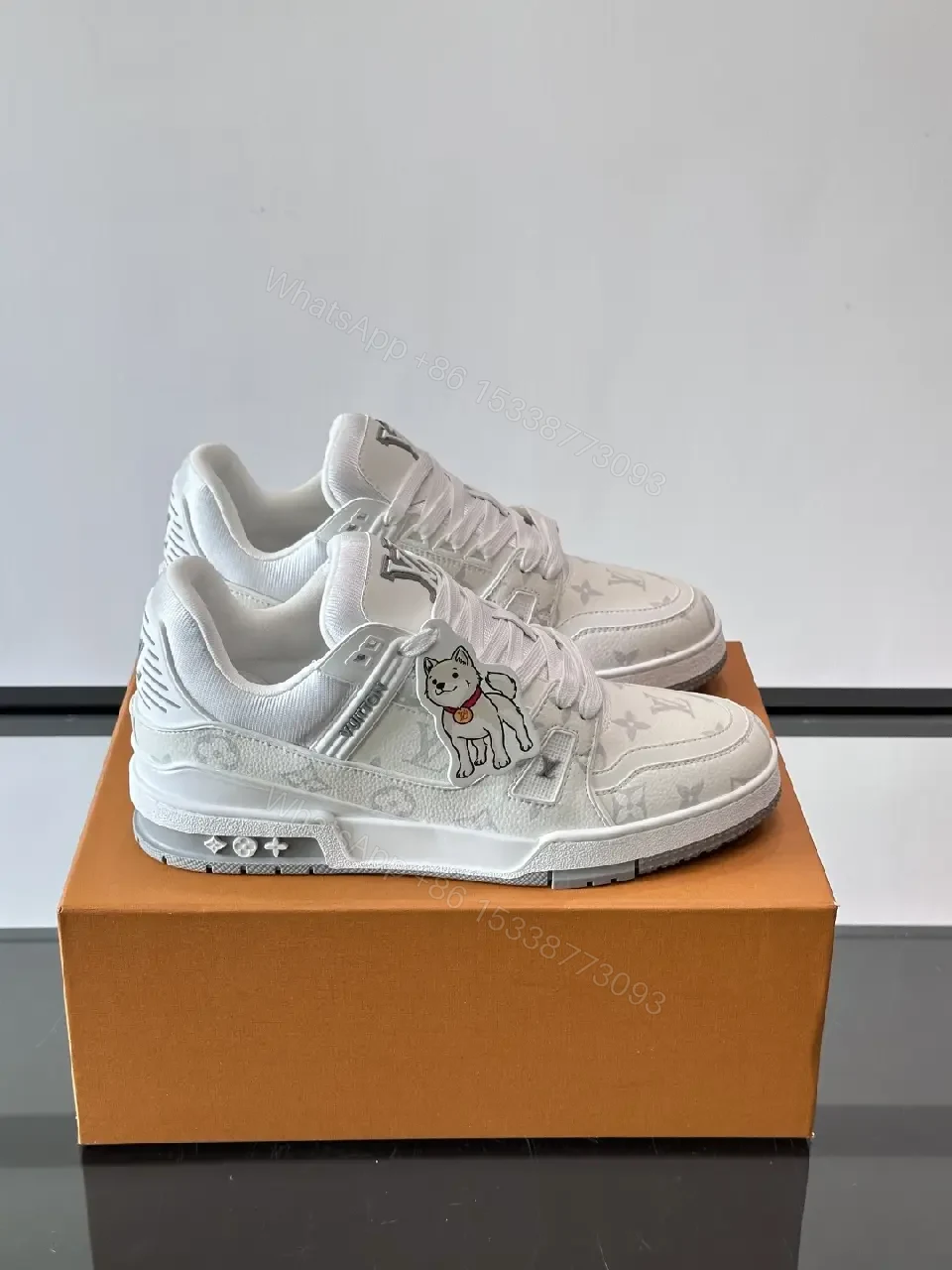 View 5 of White Leather High-Top Sneakers: Luxe Comfort, Monogram Pattern