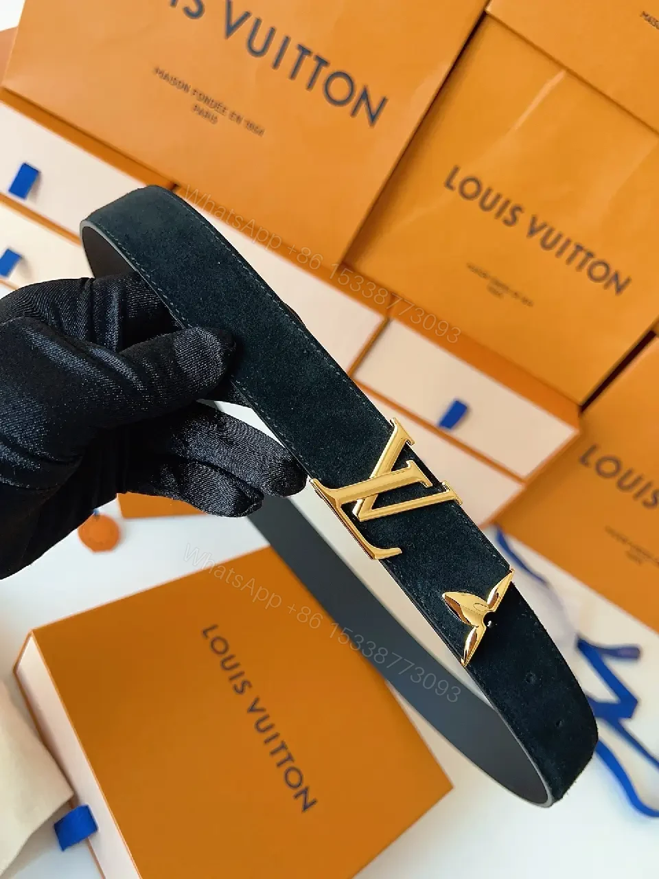 View 4 of Lux Calfskin Belt: Black, Gold Buckle, Minimal Luxury