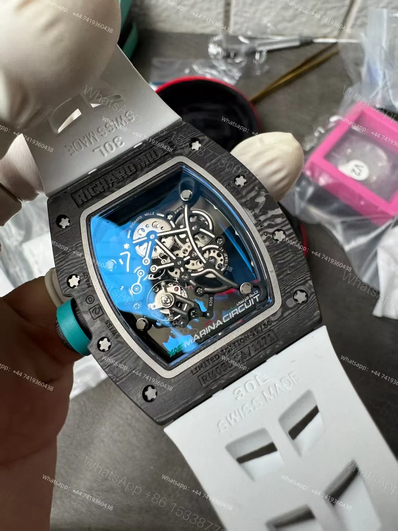 View 5 of Richard Mille RM 055 “Yas Marina Circuit” Carbon TPT Vaucher Free-Sprung White Rubber Strap Custom Super Clone