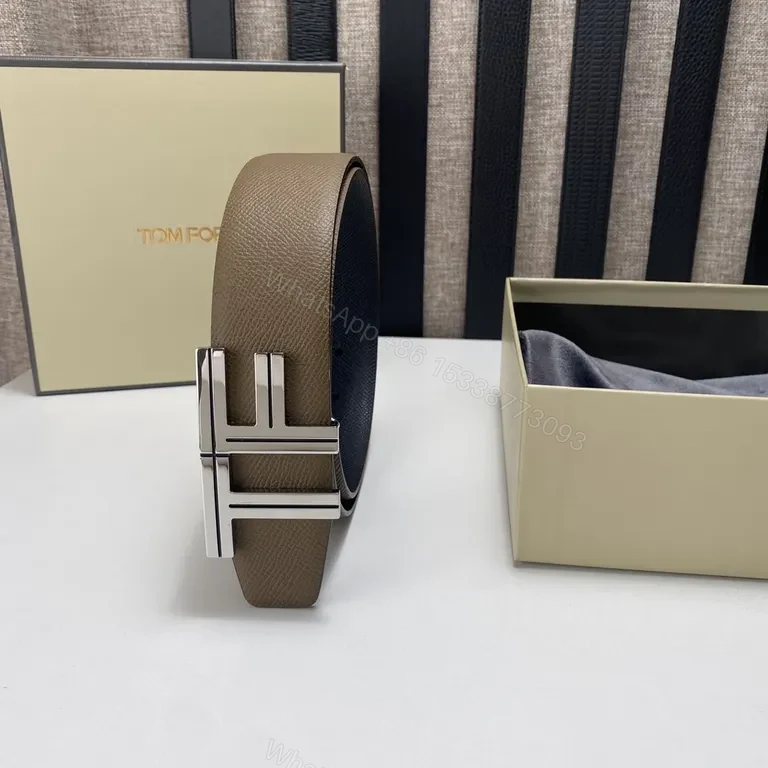 View 3 of Taupe Full-Grain Leather Belt with Signature TF Buckle