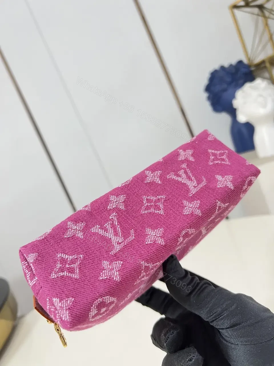 View 5 of Bold Pink Monogram Cosmetic Pouch with Gold Hardware