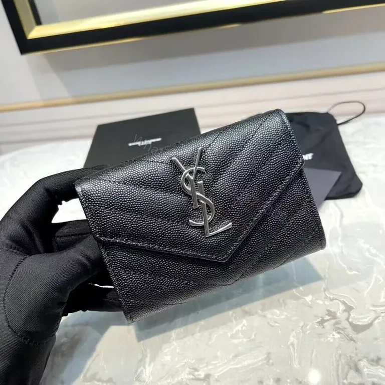 Compact Black Pebble-Grain Leather Wallet with YSL Hardware — view 1