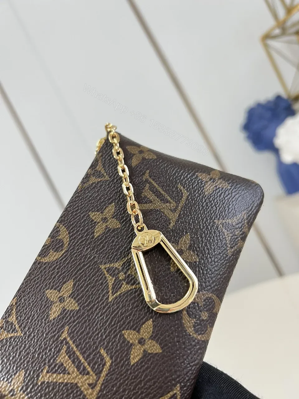 View 2 of Brown Monogram Luxe Compact Wallet with Gold Zipper