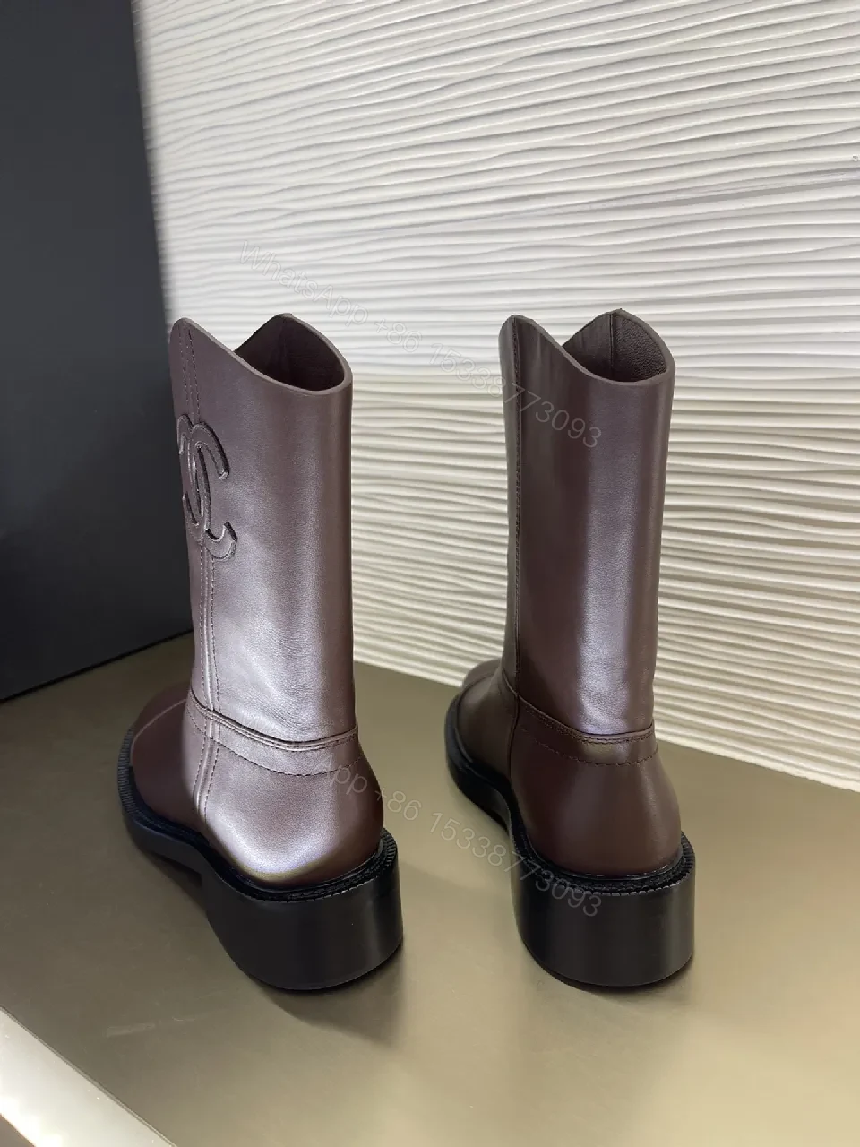 View 6 of Brown Leather Knee-High Boots with Subtle Couture Embellishment